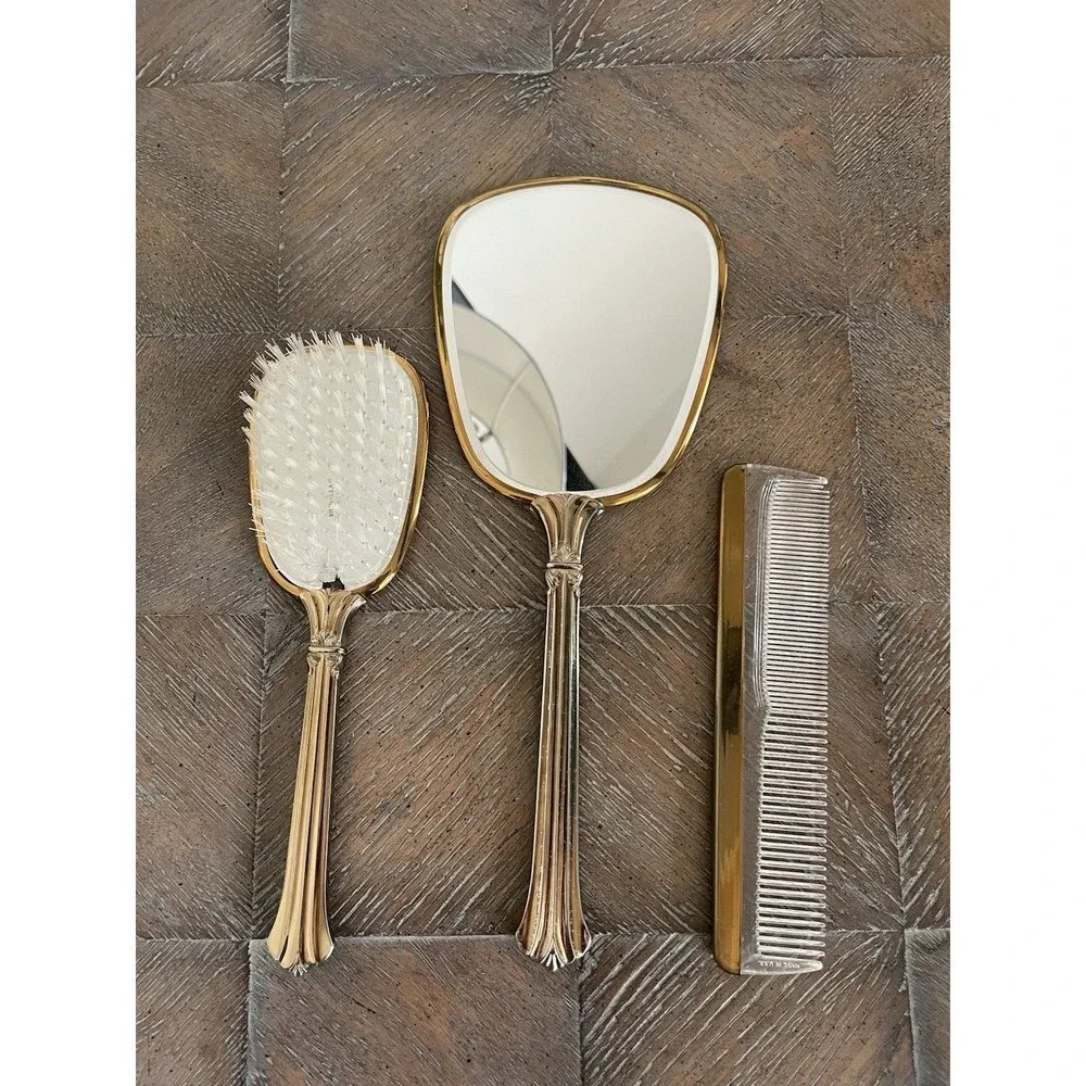 Vtg Ornate Gold & Silver Tone 3 Piece Mirror Comb Hair Brush Vanity Set